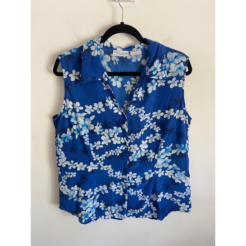 Jaclyn Smith Classic Blue Floral 100% Silk Sleeveless Button Down Top XL